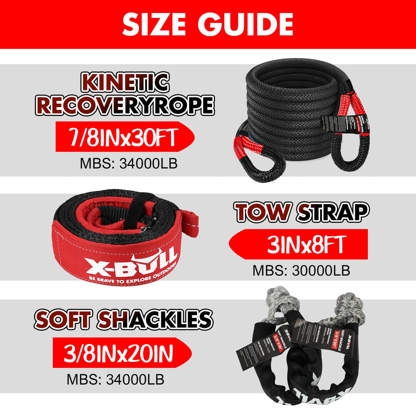 X-BULL 4WD Recovery Kit 15PCS - Winch Recovery Track - Kinetic Rope Snatch Strap